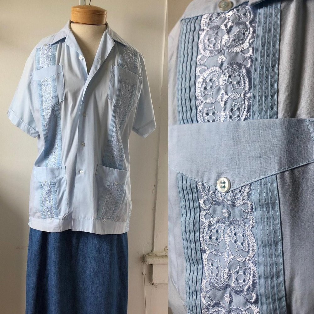 Vintage Baby Blue Button Down Unisex Blouse M